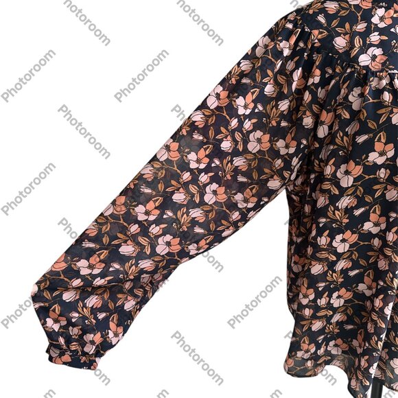 Loft Medium Blue & Pink Floral Button Long Balloon Sleeve Sheer Blouse - Picture 2 of 6